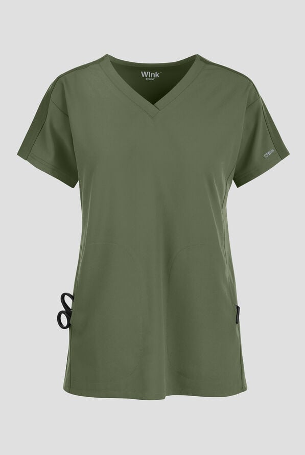 Wink Renew Women's 2-Pocket STRETCH Knit-Trim Dolman Tunic V-Neck Scrub Top - Olive - 1