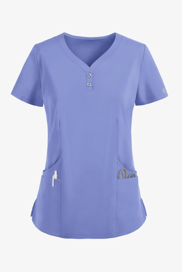 Easy STRETCH Demi Women's 4-Pocket Henley Scrub Top - Ceil Blue - 1