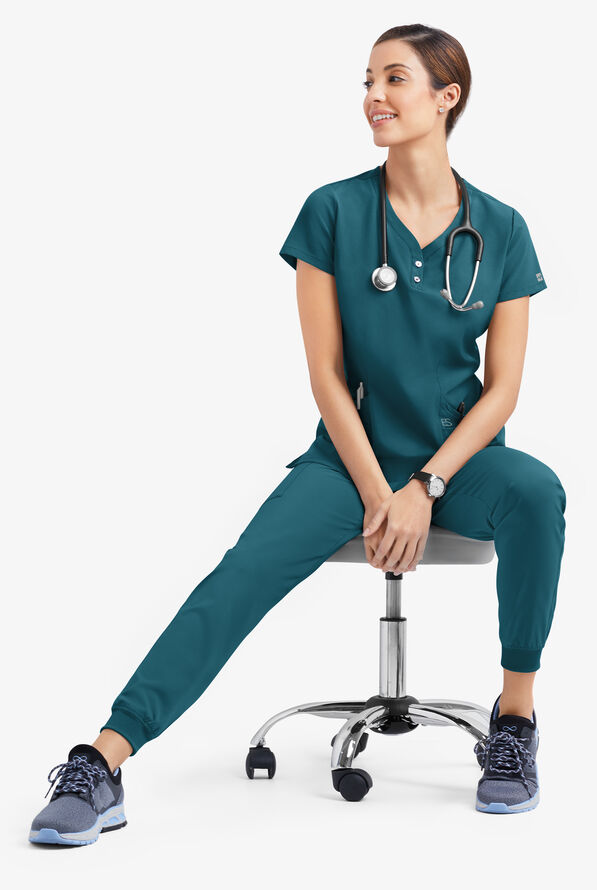 Easy STRETCH Demi Women's 4-Pocket Henley Scrub Top - Caribbean Blue - 6