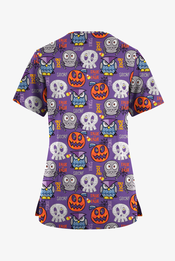 Butter-Soft Originals Trick Or Treat Silver Women's 7-Pocket Rounded V-Neck Print Scrub Top - null - 2