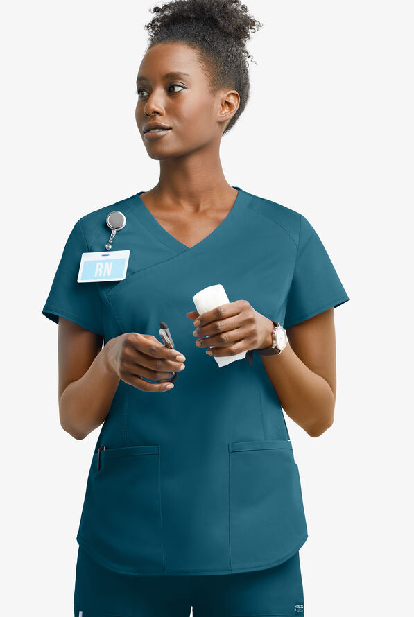 UA Exclusive Cherokee Workwear Professionals Active Women's 2-Pocket STRETCH Mock Wrap Scrub Top - Caribbean Blue - 2