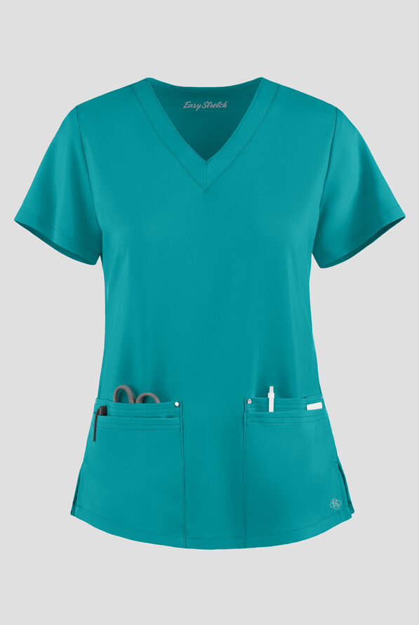 Easy STRETCH Lina Mitered Women's 4-Pocket V-Neck Scrub Top - Teal - 1