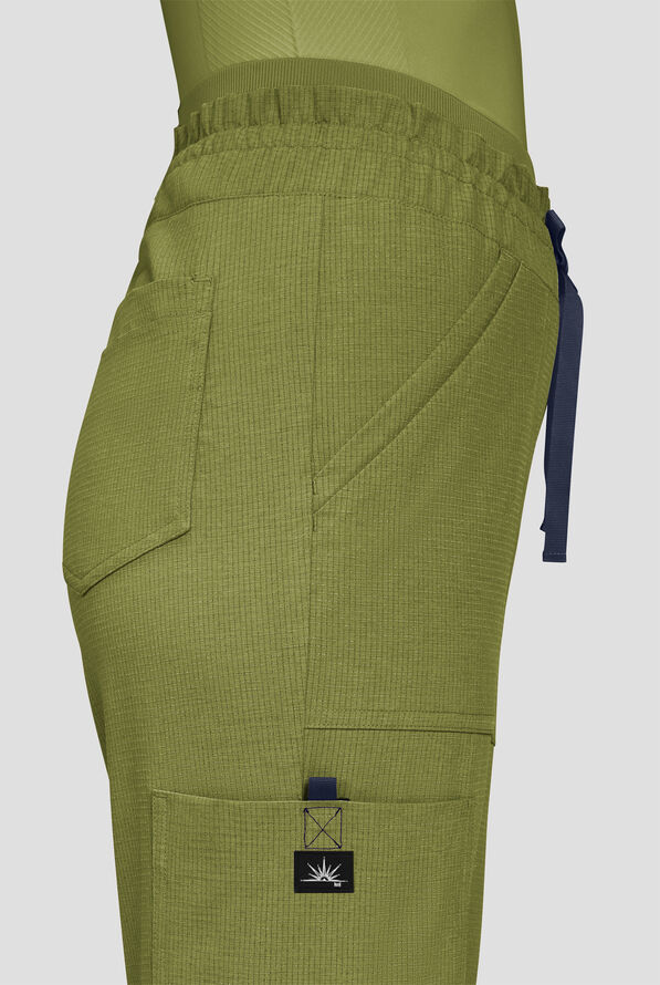 koi Solis Freda Women's 8-Pocket STRETCH Rib-Knit Double Waist Straight Leg Cargo Scrub Pant - Martini Olive - 3