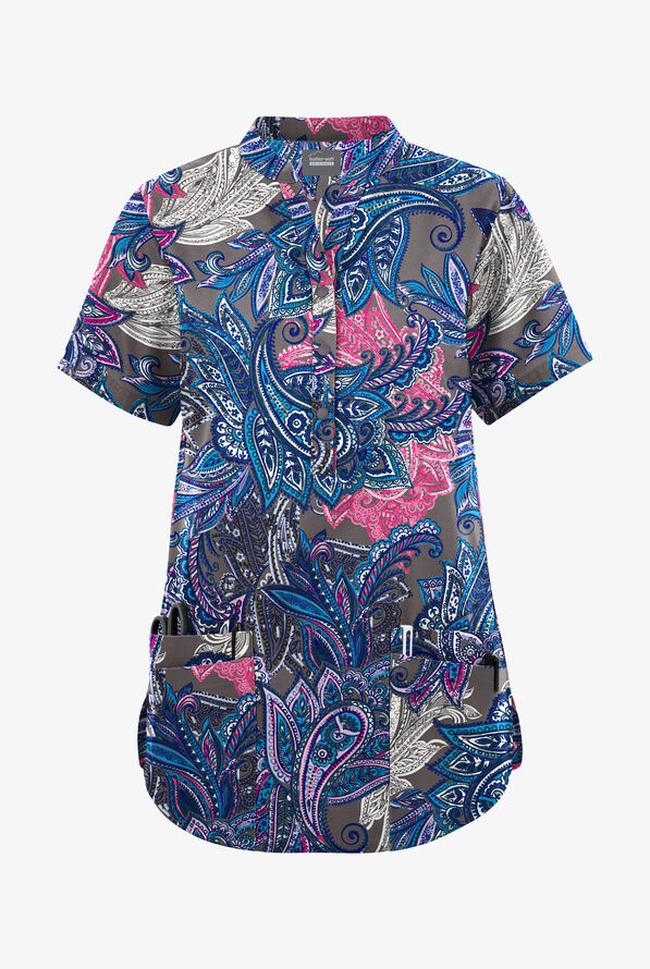 Butter-Soft Originals Layered Paisley Grey Stone Women's 6-Pocket Mandarin Collar Print Scrub Top - null - 1