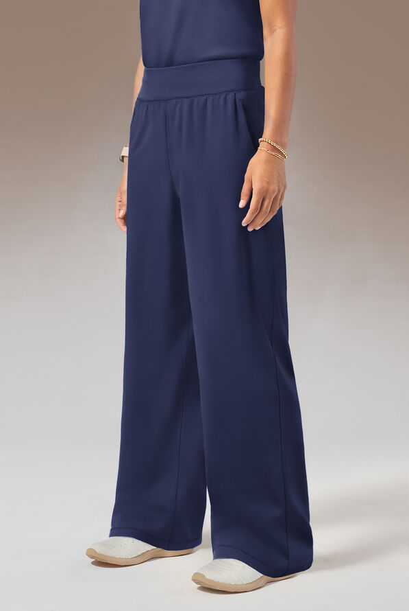 Hypothesis Y-Band Women's 6-Pocket Yoga-Style Knit Waist Wide Leg Scrub Pant - Petite - Navy - 5