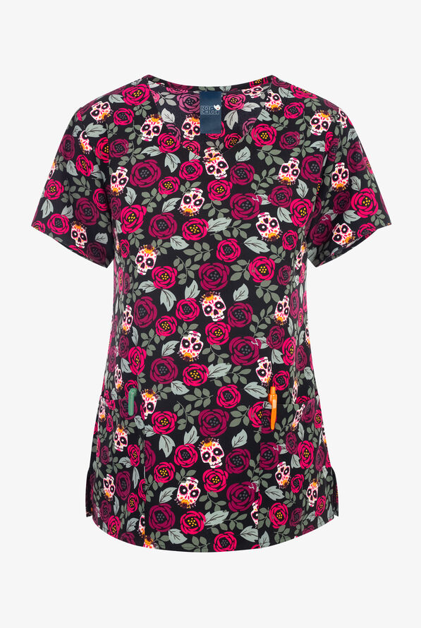 Zoe & Chloe Sugar Skull Roses Women's 2-Pocket STRETCH V-Neck Print ScrubTop - null - 1