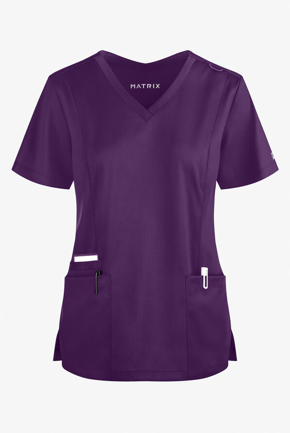 Blusa m&eacute;dica Maevn Matrix con cuello en V y 3 bolsillos para mujer - Eggplant - 1