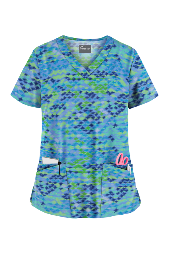 ButterSoft Antik Ikat Ceil Rounded Print Scrub Top, Stretch Scrubs
