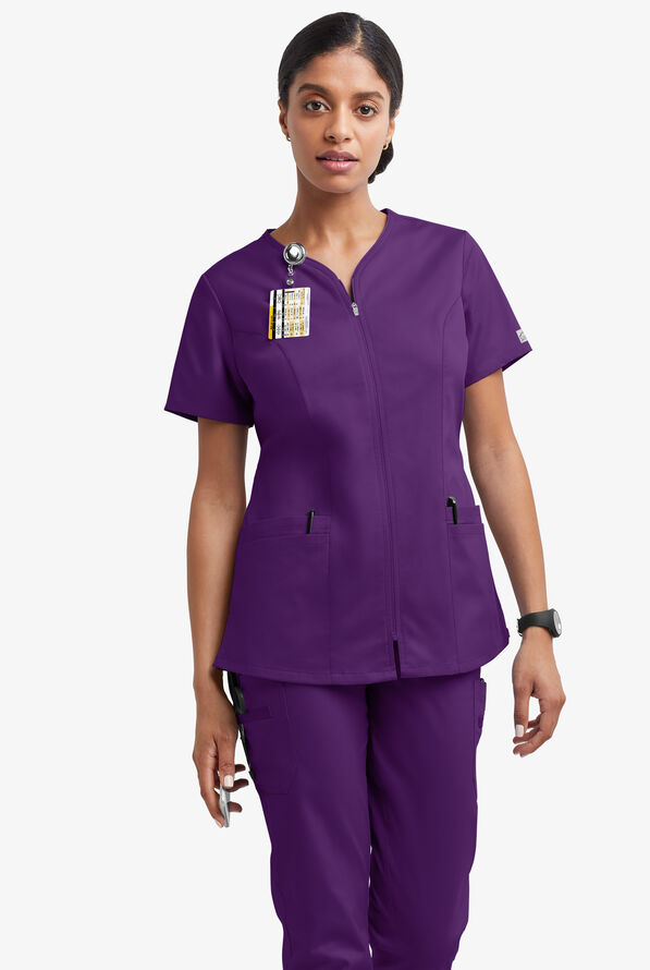 Butter-Soft STRETCH Women's 4-Pocket Smooth Face Zipper Scrub Top - Eggplant - 2