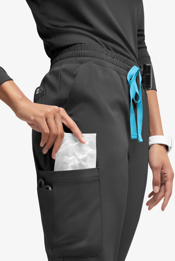 Easy STRETCH Naya Women’s Natural Waist 6-Pocket Straight Leg Scrub Pants - Petite - Onyx Black/Turquoise - 2