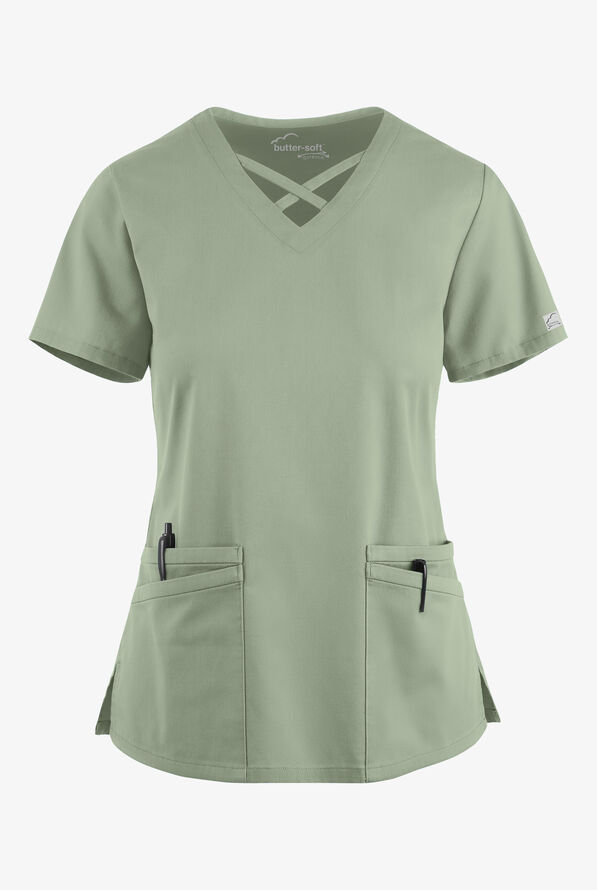 Blusa médica UA Butter-Soft STRETCH con lazos entrecruzados y 4 bolsillos para mujer - Sage Green - 1