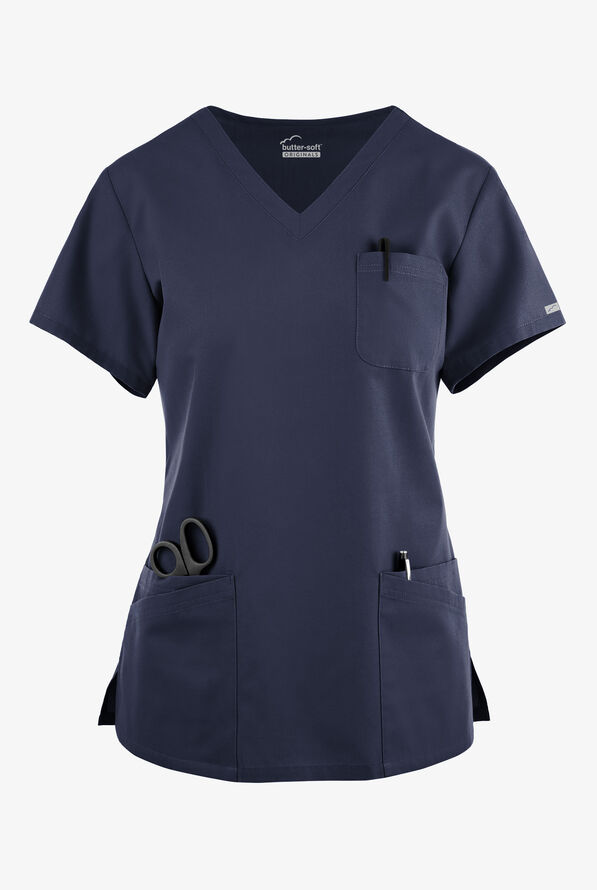 Blusa médica Butter-Soft Originals con cuello en V curvo y 7 bolsillos para mujer - Navy - 1