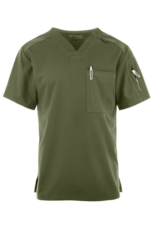 Grey's Anatomy by Barco Spandex STRETCH Murphy Men's 2-Pocket V-Neck Scrub Top - Olive - 1