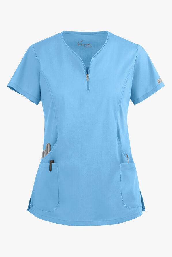 Butter-Soft STRETCH Women's 4-Pocket Curved Neck Zipper Scrub Top - Blue Oasis - 1