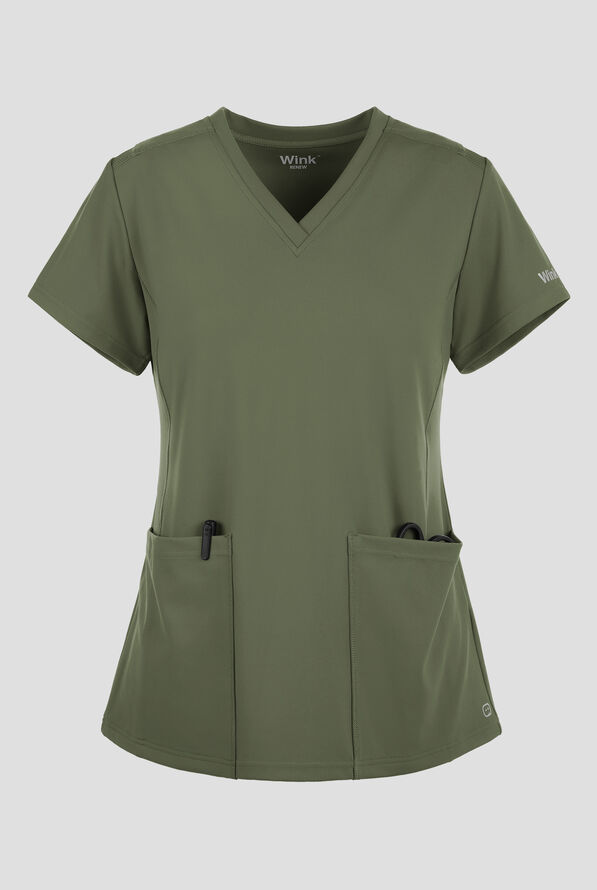 Wink Renew Knit Women's 2-Pocket STRETCH Flex N Reach Panel V-Neck Scrub Top - Olive - 1