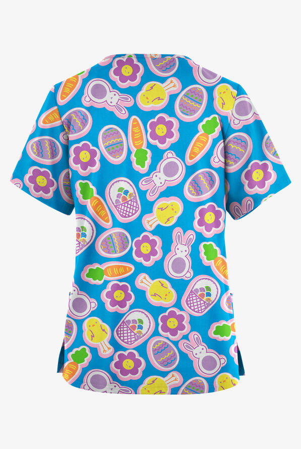 Blusa médica estampada Butter-Soft Originals Easter Cookies Turquoise con cuello en V y 2 bolsillos para mujer - null - 2