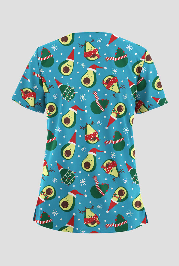 Butter-Soft STRETCH Avocaho Ho Ho Turquoise Women's 2-Pocket V-Neck Print Scrub Top - null - 2