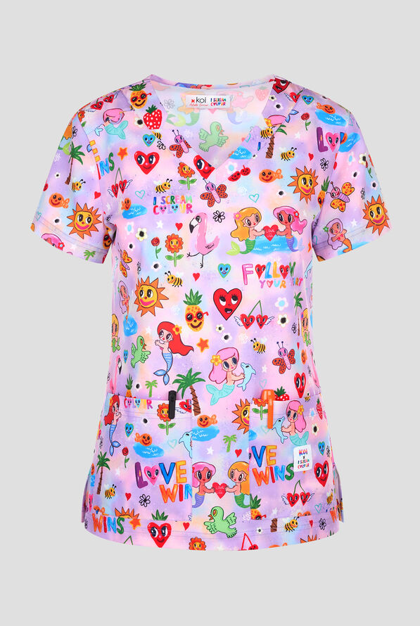 koi Lite Liddle Mermaids Women's 2-Pocket Notched V-Neck Print Scrub Top - null - 1