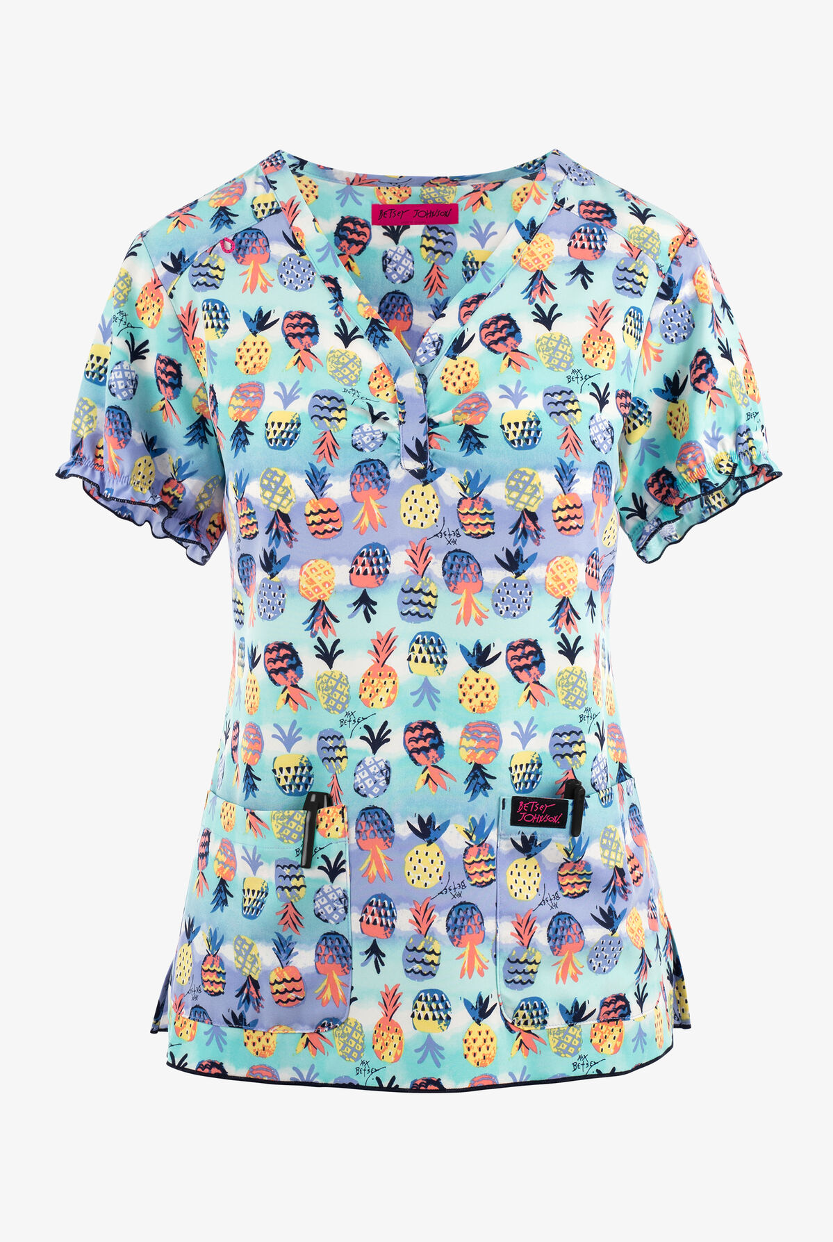 Betsey Johnson Pineapple Paradise Womens Print Scrub Top, Print Scrubs