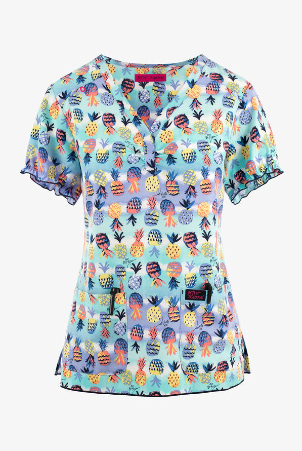 Betsey Johnson Pineapple Paradise Women's 2-Pocket STRETCH Y-Neck Print Scrub Top - null - 1