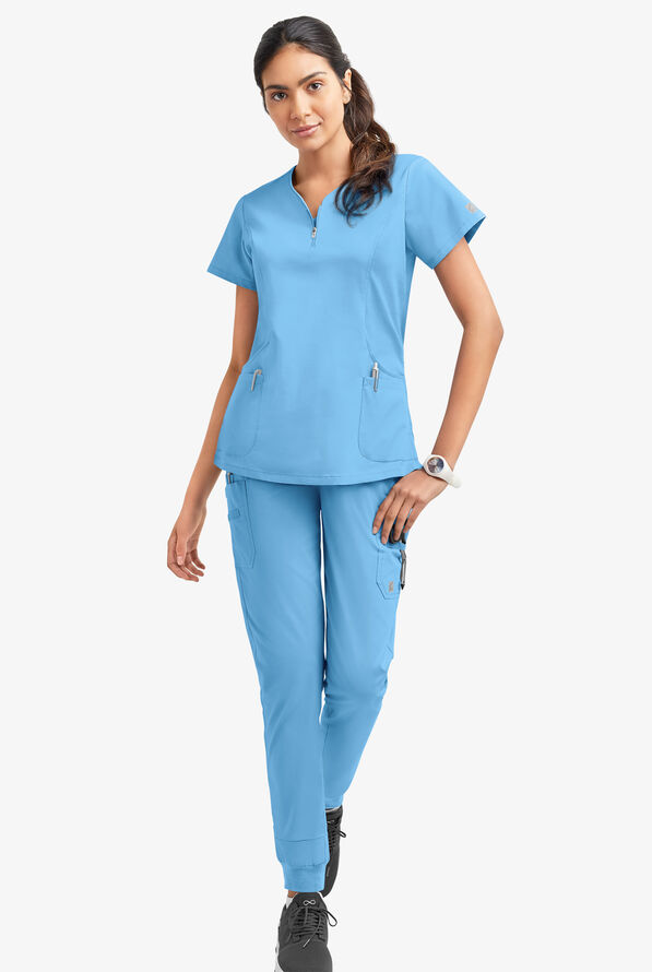 Butter-Soft STRETCH Women's 4-Pocket Curved Neck Zipper Scrub Top - Blue Oasis - 2
