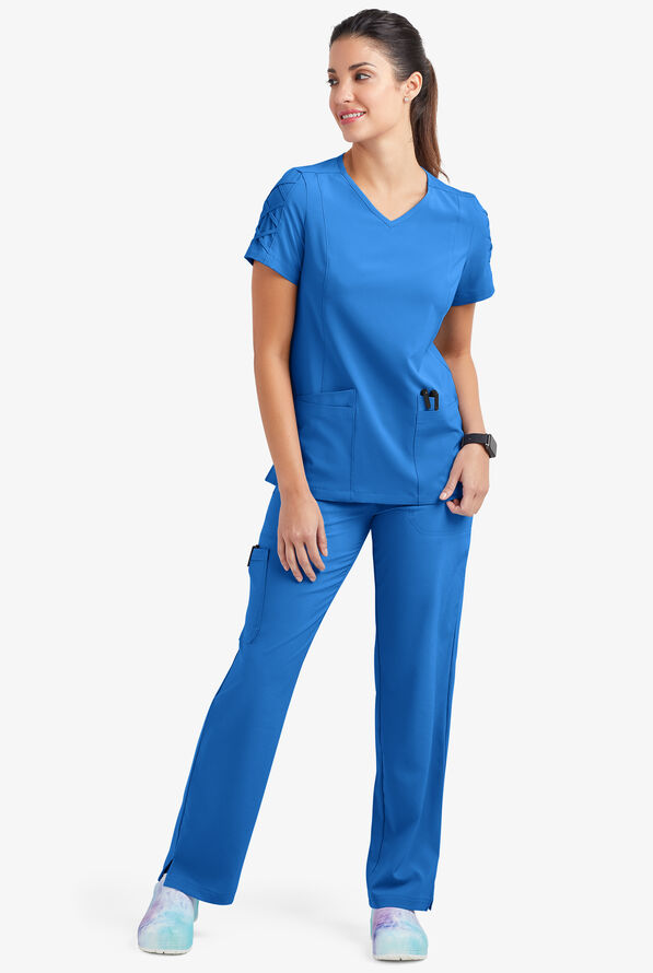 Blusa médica EASY STRETCH Kylie con detalle entrecruzado y 5 bolsillos para mujer - Cerulean - 2