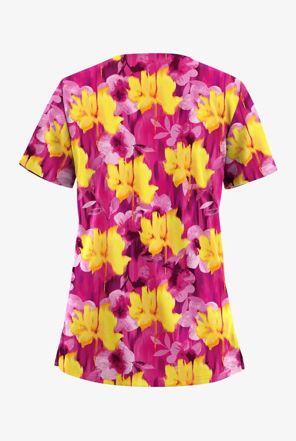 Butter-Soft STRETCH Valencia Ikat Fuchsia Women's 2-Pocket V-Neck Print Scrub Top - null - 2