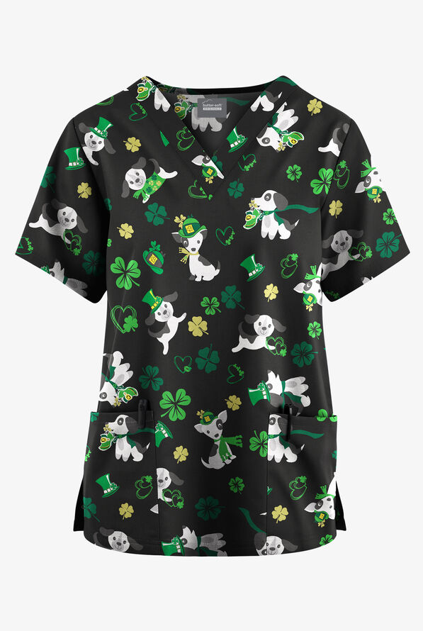 Butter-Soft Originals Lucky Puppies Women's 2- Pocket V-Neck Print Scrub Top - null - 1