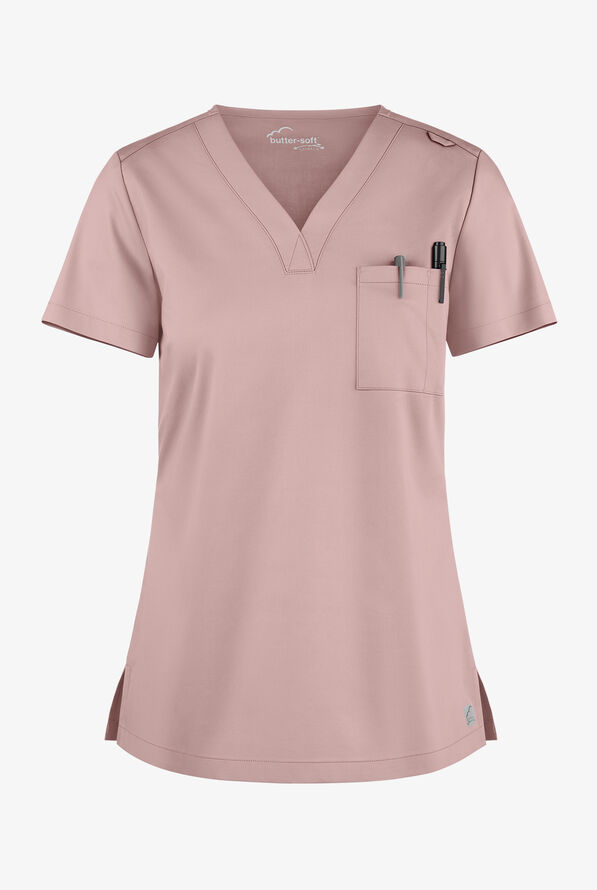 Butter-Soft STRETCH Women's 2-Pocket V-Neck Tuck-In Scrub Top - Mauve Shadow - 1