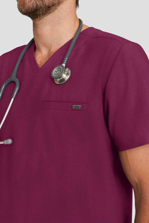 Camisa m&eacute;dica Healing Hands Quest STRET CH con cuello en V y 1 bolsillo para hombre - Wine - 3