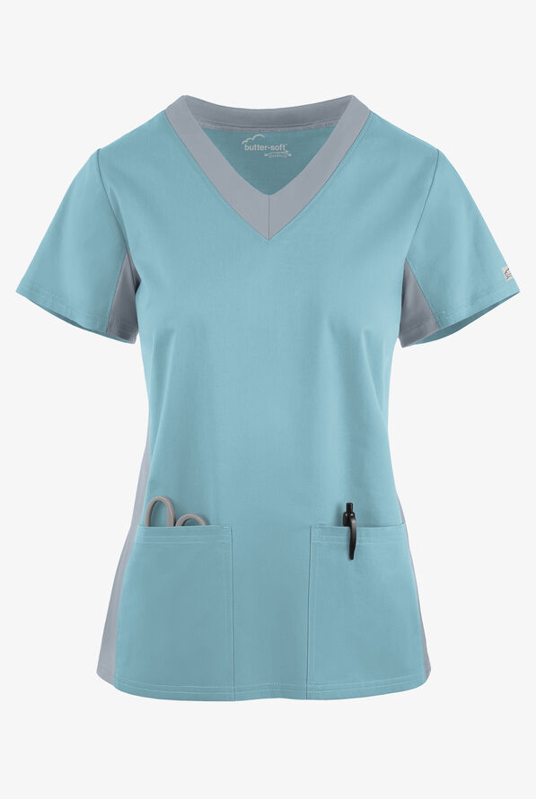 Butter-Soft STRETCH Women's 3-Pocket Contrast Scrub Top - Dew Drop/Silver - 1