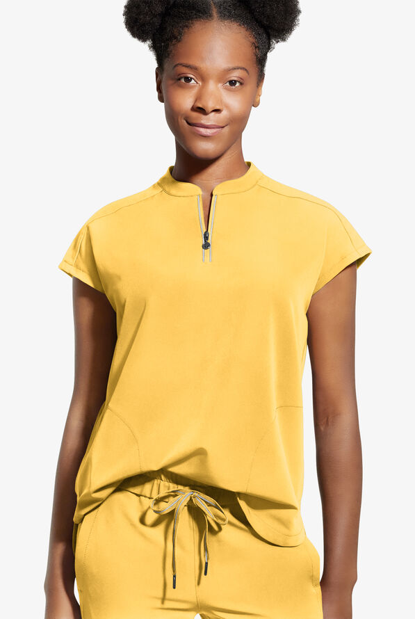 Healing Hands 360 Sandy Women's 2-Pocket STRETCH Dolman Sleeve Zip Mandarin Collar Scrub Top - Sunray Yellow - 2