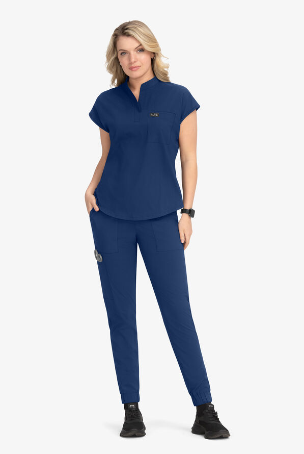 koi Basics Ari Women's 1-Pocket STRETCH Dolman Sleeve Mandarin Collar Scrub Top - Navy - 4
