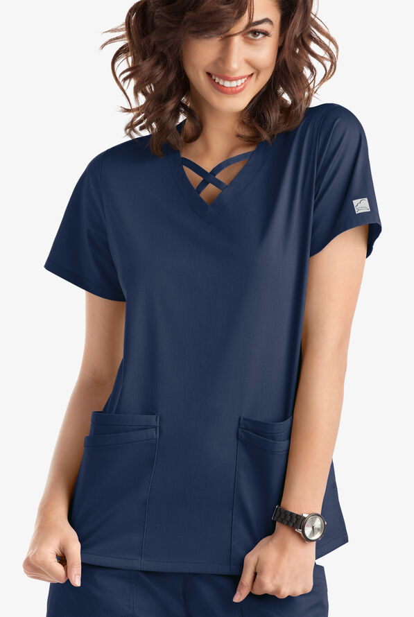 Butter-Soft STRETCH Women's 4-Pocket Crisscross Scrub Top - Navy - 2