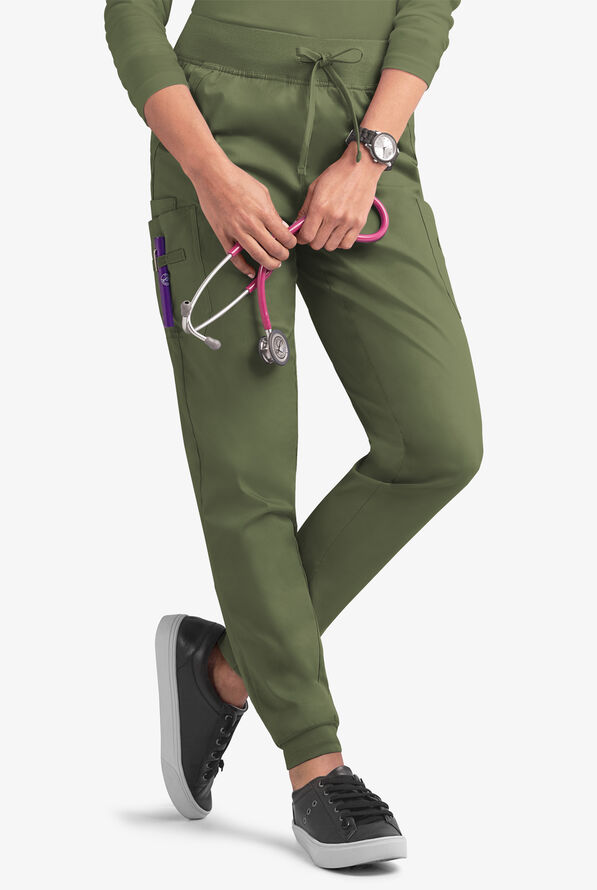 Butter-Soft STRETCH Women's 5-Pocket Cargo Jogger Scrub Pants - Petite - Light Olive - 1