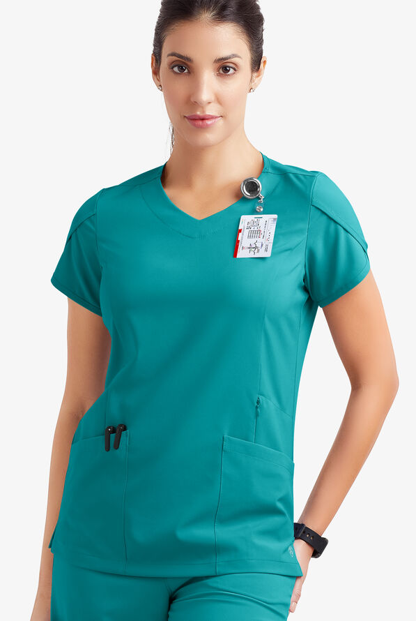 Easy STRETCH Daisy Women's 4-Pocket V-Neck Scrub Top with Petal Sleeves - Teal - 3