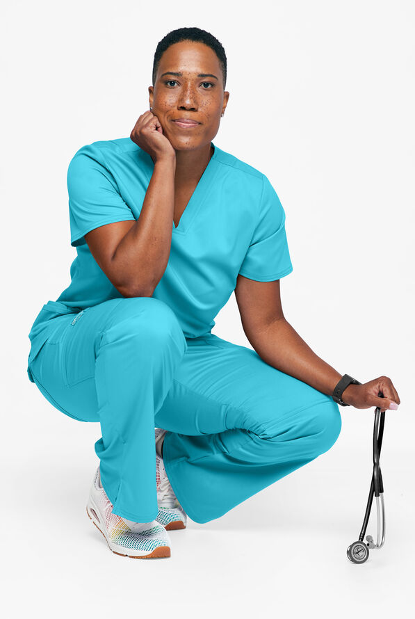 Cherokee Workwear Revolution Women's 3-Pocket STRETCH V-Neck Scrub Top - Turquoise - 3