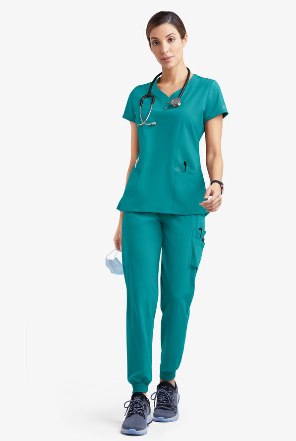 Easy STRETCH Demi Women's 4-Pocket Henley Scrub Top - Teal - 2