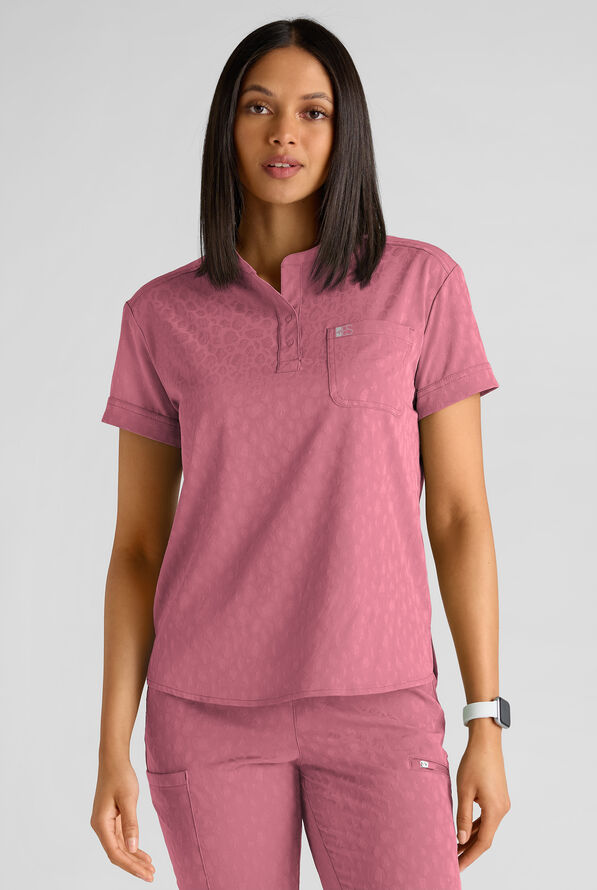 Easy STRETCH Bella Women's Jacquard 1-Pocket Henley Scrub Top - Tea Rose - 1