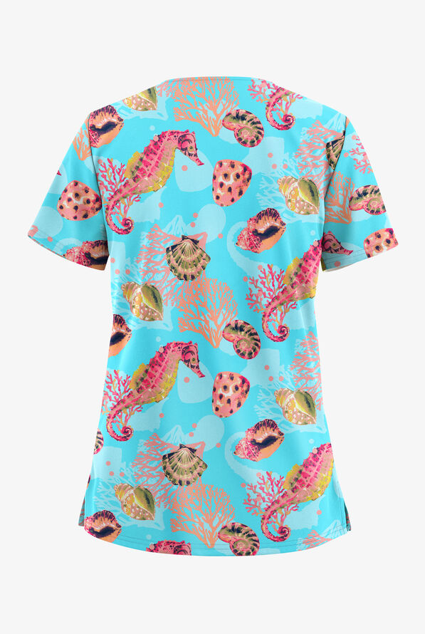 Butter-Soft STRETCH Coral Reef Fuchsia Women's 2-Pocket V-Neck Print Scrub Top - null - 2