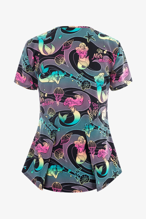Tooniforms Disney's Mer-mazing Ariel Little Mermaid Women's 2-Pocket STRETCH V-Neck  Print Scrub Top - null - 2