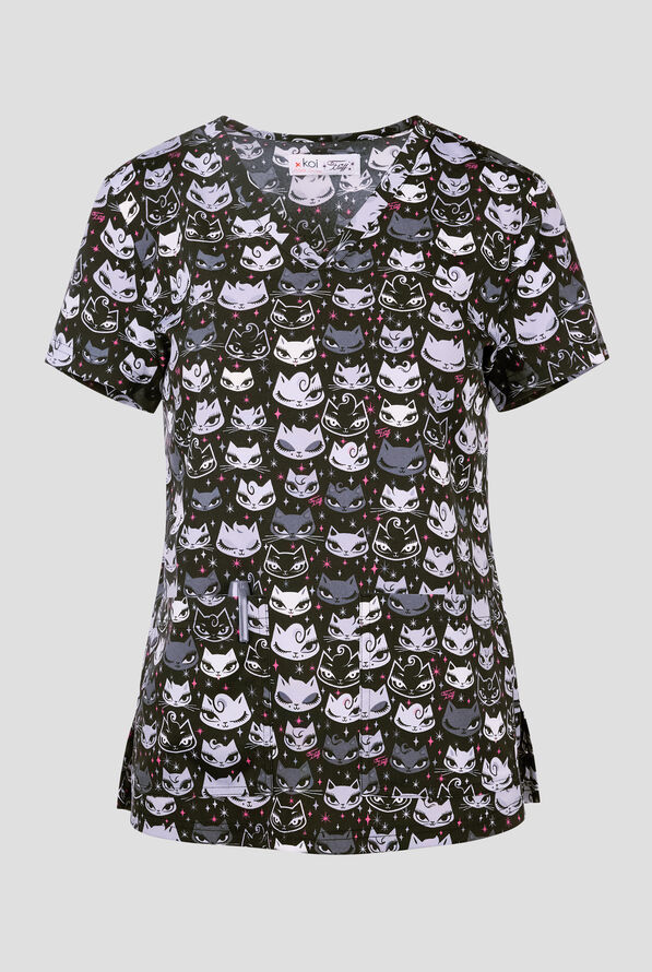 koi Basics Billy Cat Women's 2-Pocket STRETCH V-Neck Print Scrub Top - null - 1