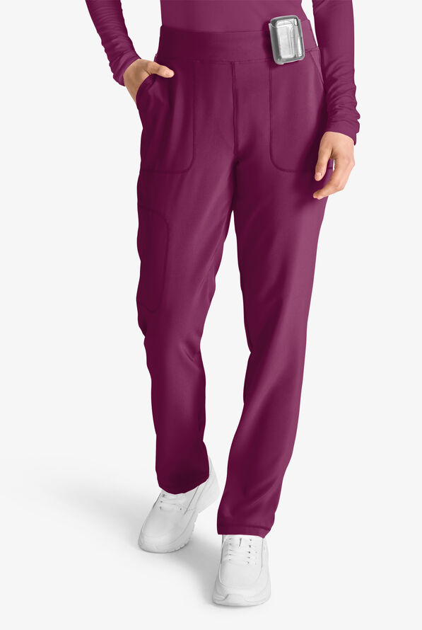 Cherokee Collection Women's 4-Pocket STRETCH Flat Front Rib-Knit Back Waist Cargo Scrub Pants - Wine - 1
