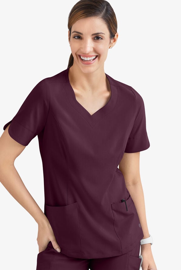 Easy STRETCH Aisha Women's 2-Pocket Sweetheart Neckline Scrub Top - Dark Mulberry - 5