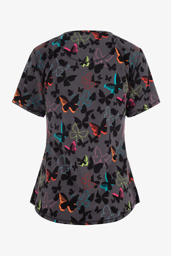 Cherokee Infinity Brilliant Butterflies Women's 3-Pocket STRETCH Round Neck Print Scrub Top - null - 2