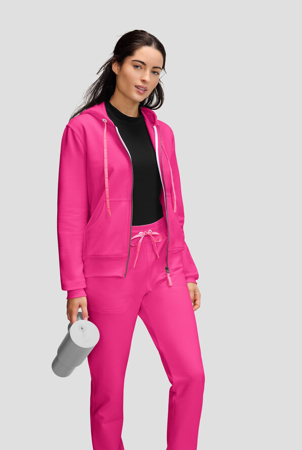 Med Couture Amp Women's 2-Pocket STRETCH Knit Embossed Logo Zip Hoodie Scrub Jacket - Pink Power - 3