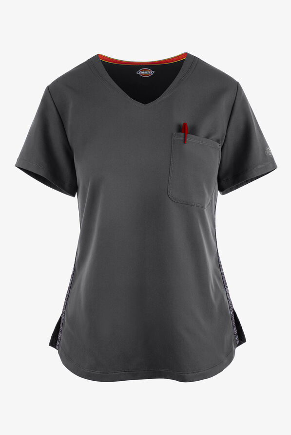 Dickies Dynamix Women's 2-Pocket STRETCH Melange Knit Trim Tuck In V-Neck Scrub Top - Pewter/Black - 1