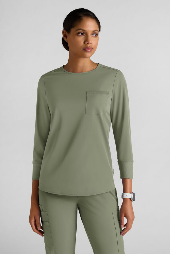 WhisperLite LYRA Women's 2-Pocket STRETCH 3/4" Sleeve Scrub Top - Olive Leaf - 1