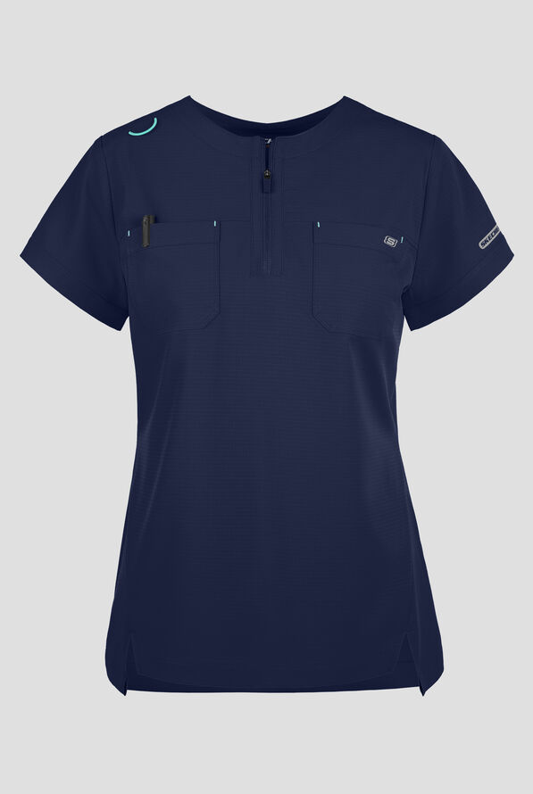 Skechers by Barco Ripstop Trek Women's 2-Pocket STRETCH Rounded Zip Neck Tuck In Scrub Top - Navy - 1