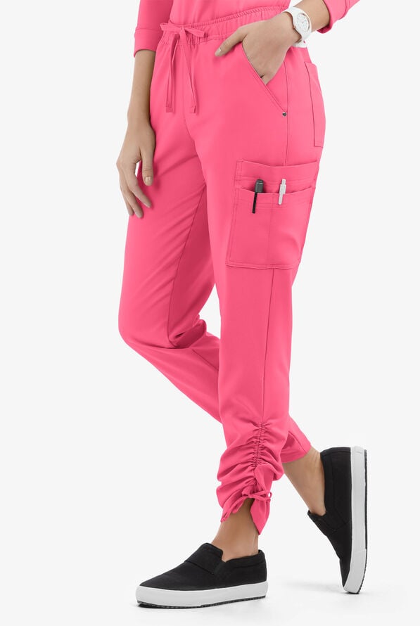 Easy STRETCH Halle Women's 11-Pocket Ruched Leg Jogger Scrub Pants - Petite - Strawberry Fizz - 1